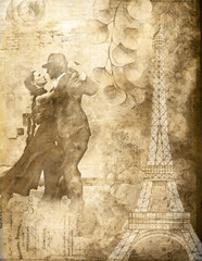 vintage Eifel tower with romantic couple 