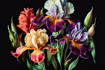 Fototapeta premium Iris Flowers, Illustration, Generative AI