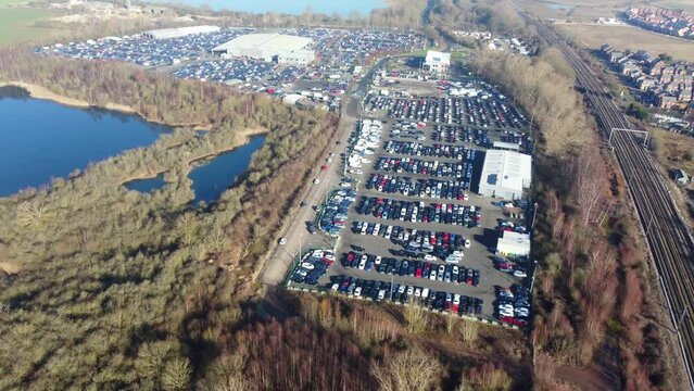 Aerial Footage of Huge Car Parking at Kempston Bedford Town of England UK. The Footage  Was Captured on 06-Feb-2023 with Drone's Camera