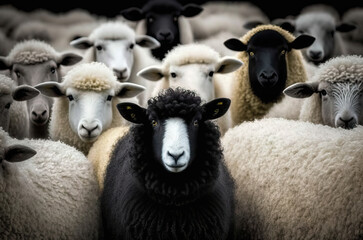 A black sheep surround with normal white sheep metaphor to be un