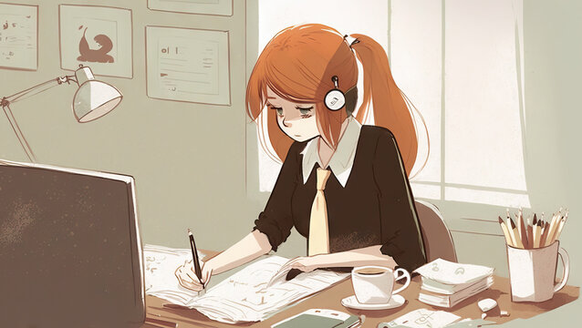Business woman is working on laptop at office cute cartoon style background. Generative ai.