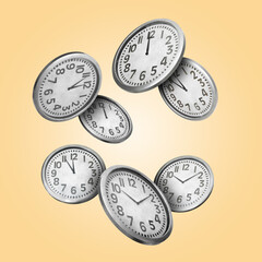 Many clocks falling on pale orange background