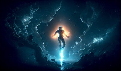 Obraz premium A solitary figure floating amidst the stars, equipped with the tools and knowledge necessary to boldly go where no one has gone before