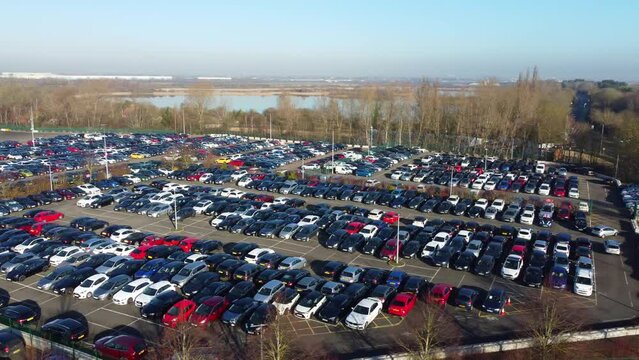 Aerial Footage of Huge Car Parking at Kempston Bedford Town of England UK. The Footage  Was Captured on 06-Feb-2023 with Drone's Camera