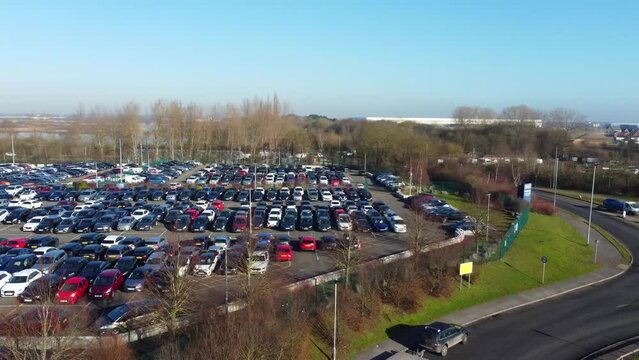 Aerial Footage of Huge Car Parking at Kempston Bedford Town of England UK. The Footage  Was Captured on 06-Feb-2023 with Drone's Camera