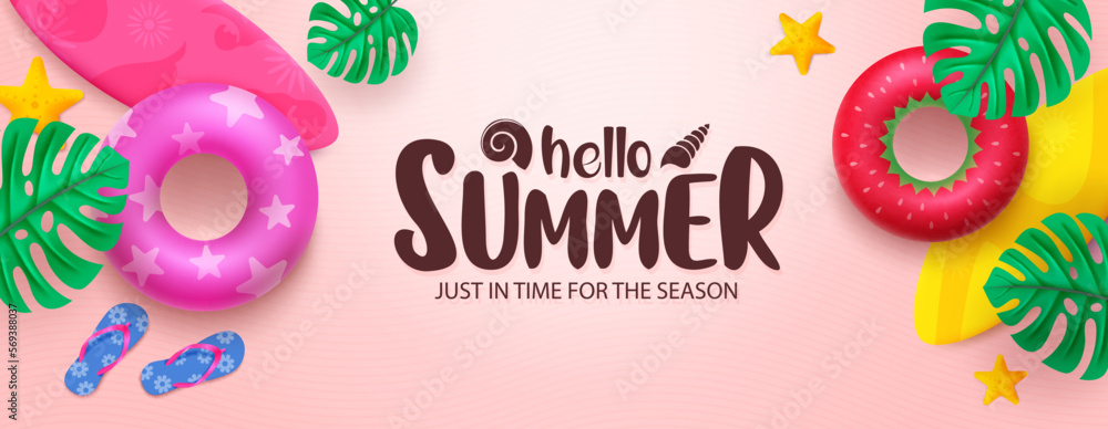 Poster summer vector design. hello summer greeting text with beach floater and surfboard element background