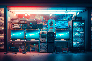 Fototapeta na wymiar A view of an electronics store with computers, televisions and cell phones in the window, illustration - Generative AI