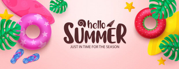 Summer vector design. Hello summer greeting text with beach floater and surfboard element background. Vector illustration summer greeting design.  © Zeinous