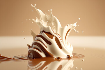 a ball of milky white and brown chocolate splashing into a molten sea of chocolate. a delicious nougat chocolate desert dripping into milk. Generative AI - obrazy, fototapety, plakaty