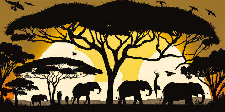 African Safari Silhouette, banner, panorama, vector, illustration - Generative AI