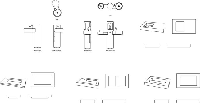 Vector sketch illustration of a sink from various sides