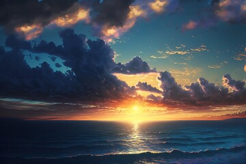 The sun rising over the ocean in oil paint, generative ai composite