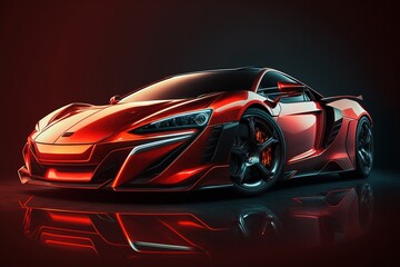 Cool red generic sports car in a dark studio background illustrated with generative AI