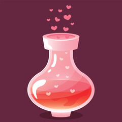 Love potion. Fantasy magic spell heart elixir. Chemistry glass bulb, pink liquid. Witch alchemy bottle, love vial. Aphrodisiac flask. Love formula. Marriage love potion. Vector illustration. 