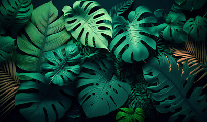 A lush and verdant abstract texture featuring an array of tropical leaves in shades of green, perfect for use as a desktop wallpaper