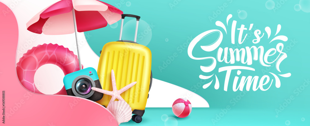 Aufkleber summer time vector background. it's summer time text with beach and travel elements in abstract shap