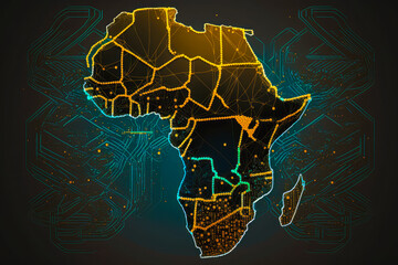 africa network map with connected server nodes and a dark theme background - Generative AI - obrazy, fototapety, plakaty