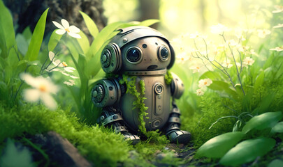 An adorable robot, peacefully slumbering among the lush greenery of a blooming spring forest