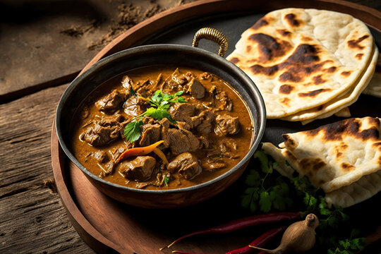 spiced up meat curry. beef vindaloo in Goan style. Indian cuisine's traditional lamb or beef curry. hot Beef Curry Gravy, a Keralan favorite Appam from Sri Lanka and parotta porotta from India