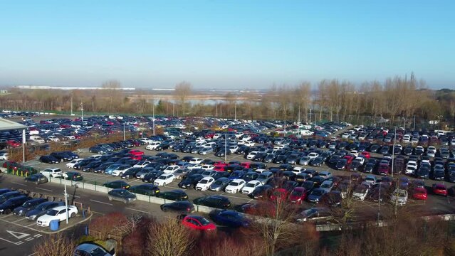 Aerial Footage of Huge Car Parking at Kempston Bedford Town of England UK. The Footage  Was Captured on 06-Feb-2023 with Drone's Camera
