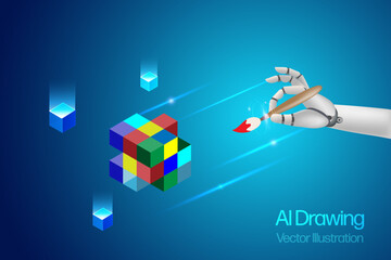 AI digital drawing art. Robot hold paintbrush drawing digital art. Artificial Intelligence technology generate art from prompt text. 3D vector.