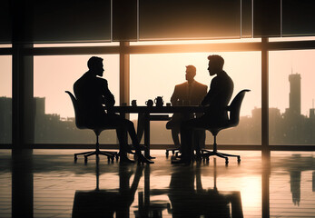 Fototapeta na wymiar silhouette of three business-men holding a meeting in an office conference room with backlight. Generative AI