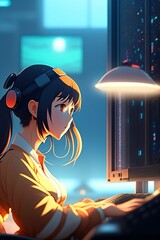 Artwork of an anime girl programming computer in her room. generative ai
