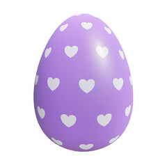 Painted easter egg of purple color with white hearts ornament isolated on white background colorful 3d render illustration. Clip art design element. Pastel colors. Easter egg hunt template.