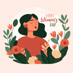 A girl wearing flowers, tulips and green leaves on a delicate background. The inscription Happy Women's Day. Cozy vector illustration with a cute lady with freckles