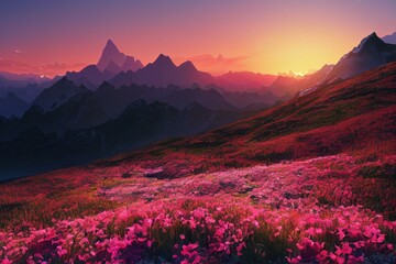 Fototapeta na wymiar Sunset in The Mountains - Generative AI Content