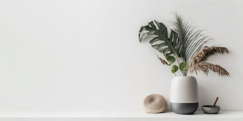 Home plant decoration one white background. Aesthetic decoration banner. Copy space for text. Generative AI