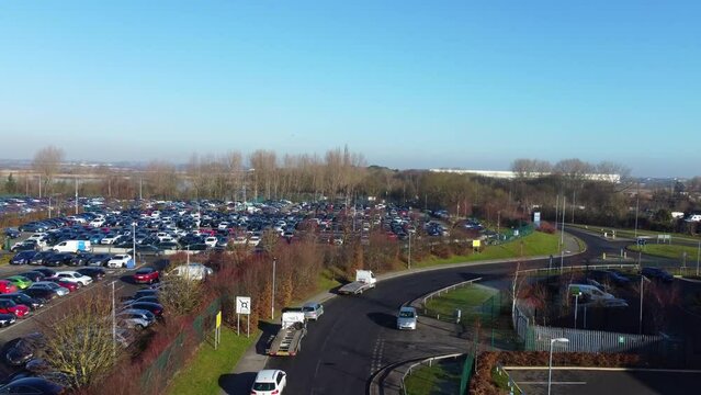 Aerial Footage of Huge Car Parking at Kempston Bedford Town of England UK. The Footage  Was Captured on 06-Feb-2023 with Drone's Camera