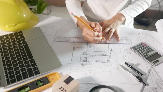Architectural project workplace. Architect typing laptop keyboard to review design of house before editing drawing or sketching with ruler on plan blueprint paper on table desk at architecture office