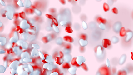 red and white floating hearts on a pink background