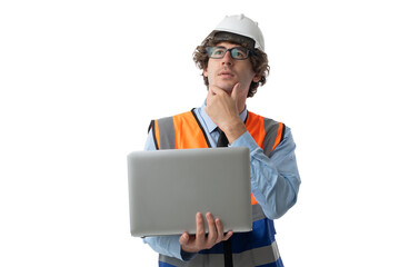 Portrait of Smiling young business man wearing orange vest and white helmet using computer laptop