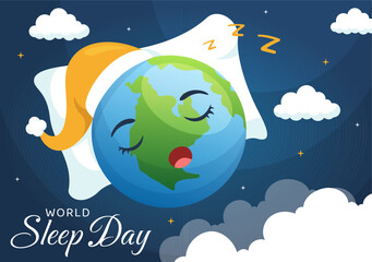 Fototapeta na wymiar World Sleep Day on March 17 Illustration with People Sleeping and Planet Earth in Sky Backgrounds Flat Cartoon Hand Drawn for Landing Page Templates