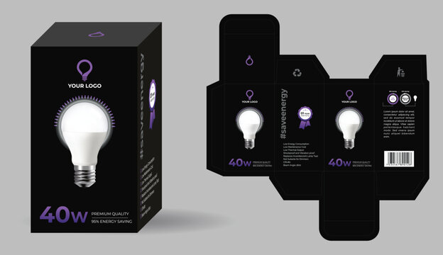 LED Bulb Box Packaging Design, Electronic product packaging design, 3D box mockup illustration Vector, energy saving product box packaging