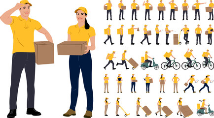 Set of hand drawn warehouse workers holding boxes with a clipboard. Delivery man and woman with cargo carts. Vector flat style illustration isolated on white. Full-length view	
