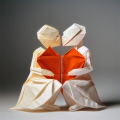 two origami figures kissing and kneeling to each other while holding a red paper heart created with generative ai