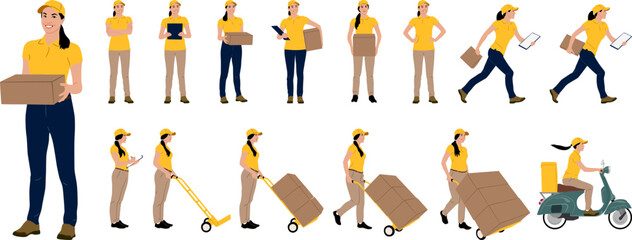 Set of hand drawn female worker holding carbord box and folder in different poses. Delivery woman on a scooter. Vector flat style illustration isolated on white. Full length view