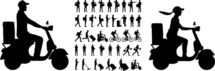 Silhouettes set of warehouse workers holding boxes with a clipboard. Delivery man and woman with cargo carts. Vector flat style illustration isolated on white. Full-length view	