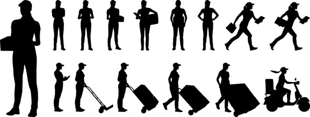 Silhouettes set of delivery female worker holding carbord box and folder in different poses. Delivery woman on a scooter. Vector flat style illustration isolated on white. Full length view