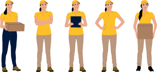 Set of hand drawn delivery female worker holding carbord box and folder in different poses. Delivery woman standing with box. Vector flat style illustration isolated on white. Full length view