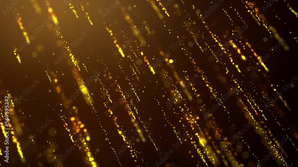 Poster abstract golden shiny blurry focus magic glitter particles falling low angle tilt 3d rotating perspe