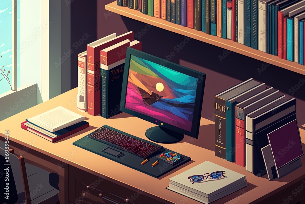 Poster there's a desk full of books and a computer. generative ai