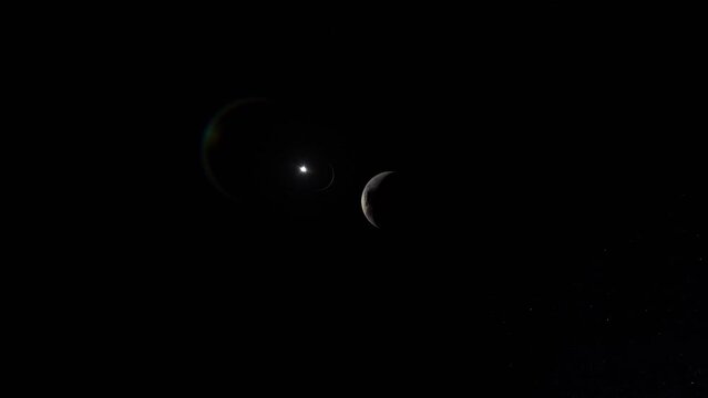 Planet Pluto with Far Away Sun Flare and Space Stars Milky Way Background - 3D CGI Animation