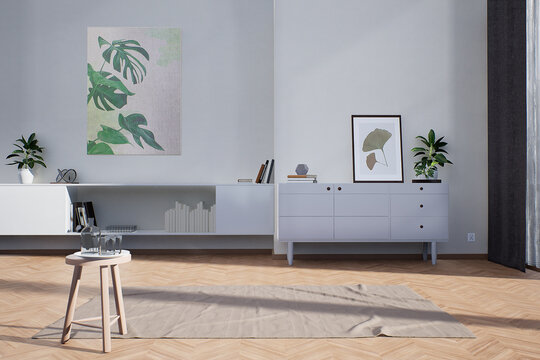 Fototapeta wnętrze salonu, nowoczesny prosty styl, dynamiczne światło wpadające z okna,  modelowanie 3d, render 3d,