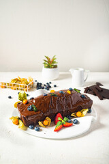 chocolate cake with berries on a white background. tinting. selective focus