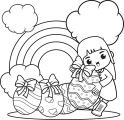 Coloring page Happy Easter with cute girl
