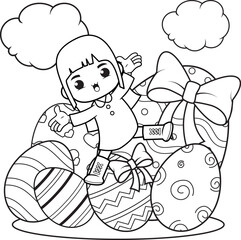 Coloring page Happy Easter with cute girl